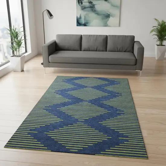 Navy Blue And Yellow Geometric Washable Area Rug With UV Protection Photo 2