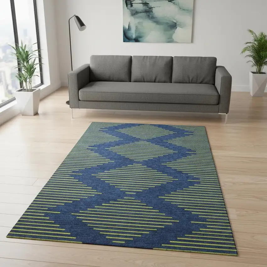 Navy Blue And Yellow Geometric Washable Area Rug With UV Protection Photo 2