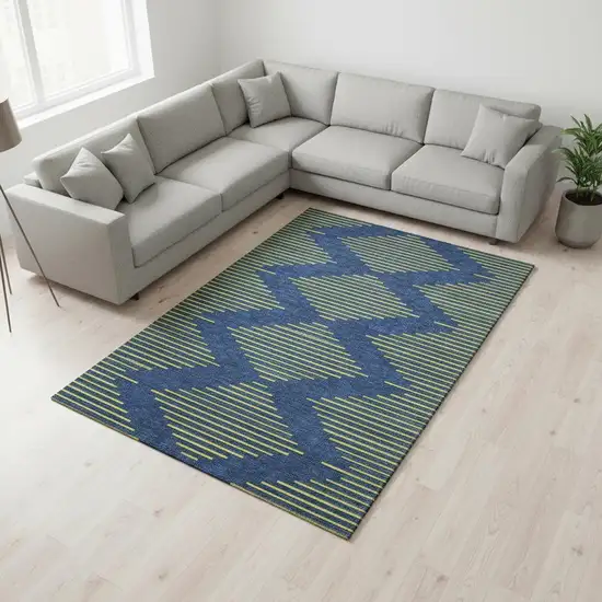 Navy Blue And Yellow Geometric Washable Area Rug With UV Protection Photo 2