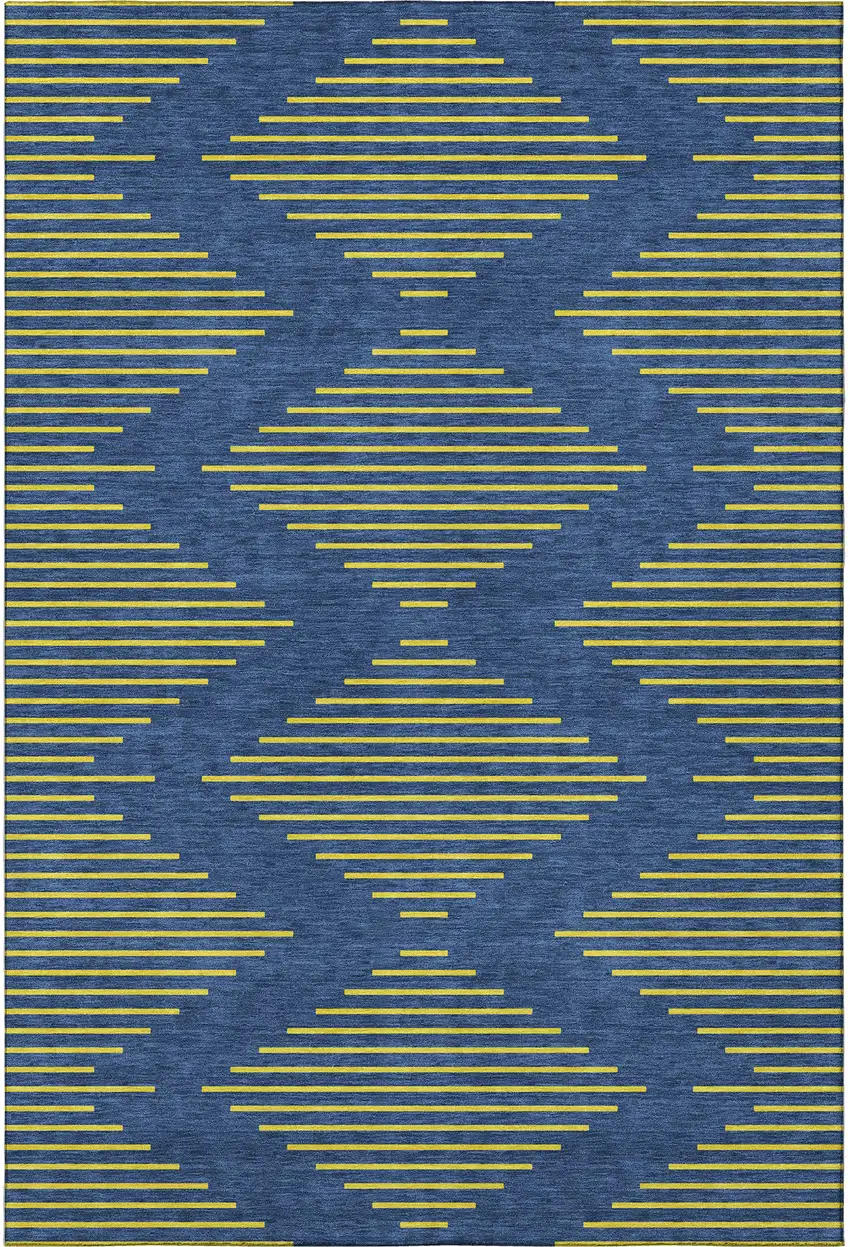Navy Blue And Yellow Geometric Washable Area Rug With UV Protection Photo 3