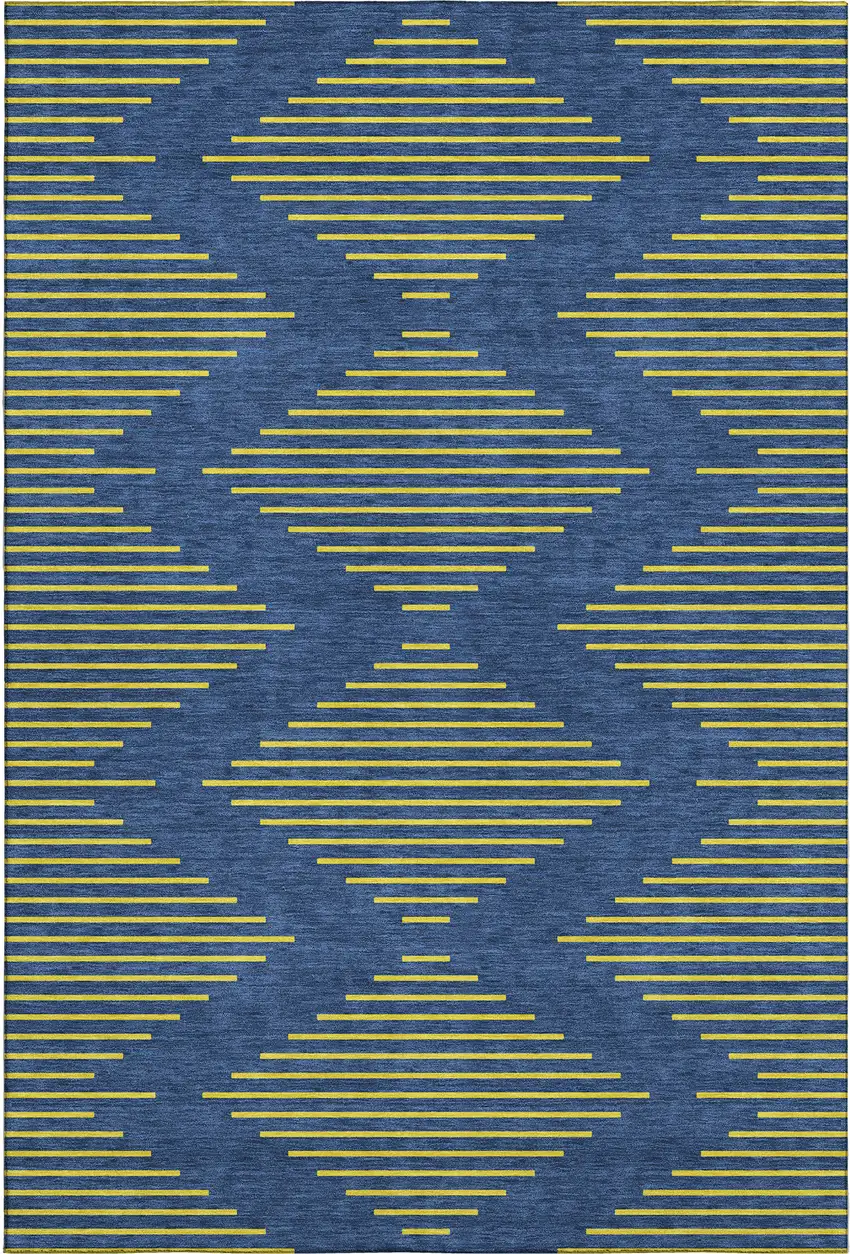 Navy Blue And Yellow Geometric Washable Area Rug With UV Protection Photo 1