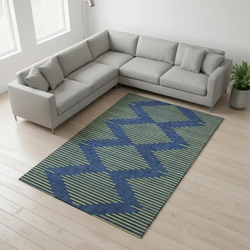 Navy Blue And Yellow Geometric Washable Area Rug With UV Protection Photo 2