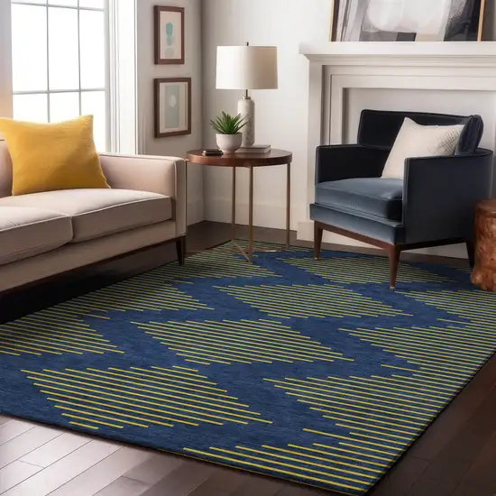Navy Blue And Yellow Geometric Washable Area Rug With UV Protection Photo 4