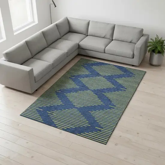 Navy Blue And Yellow Geometric Washable Area Rug With UV Protection Photo 2
