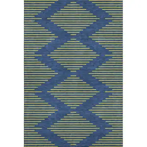 Photo of Navy Blue And Yellow Geometric Washable Area Rug With UV Protection