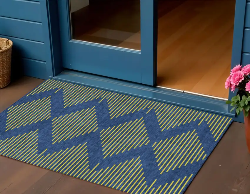 Navy Blue And Yellow Geometric Washable Indoor Outdoor Area Rug Photo 1