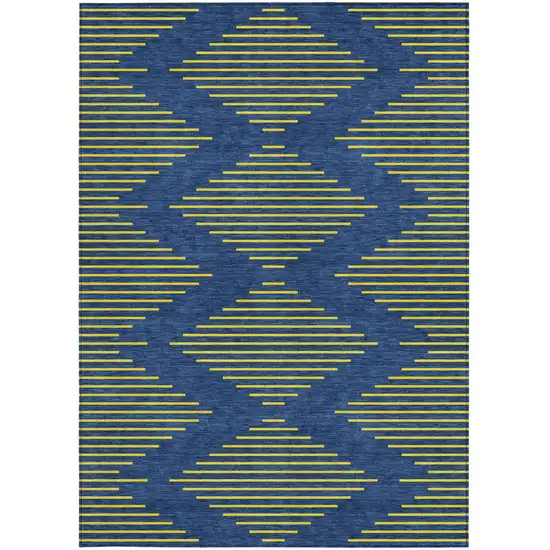 Navy Blue And Yellow Geometric Washable Indoor Outdoor Area Rug Photo 6