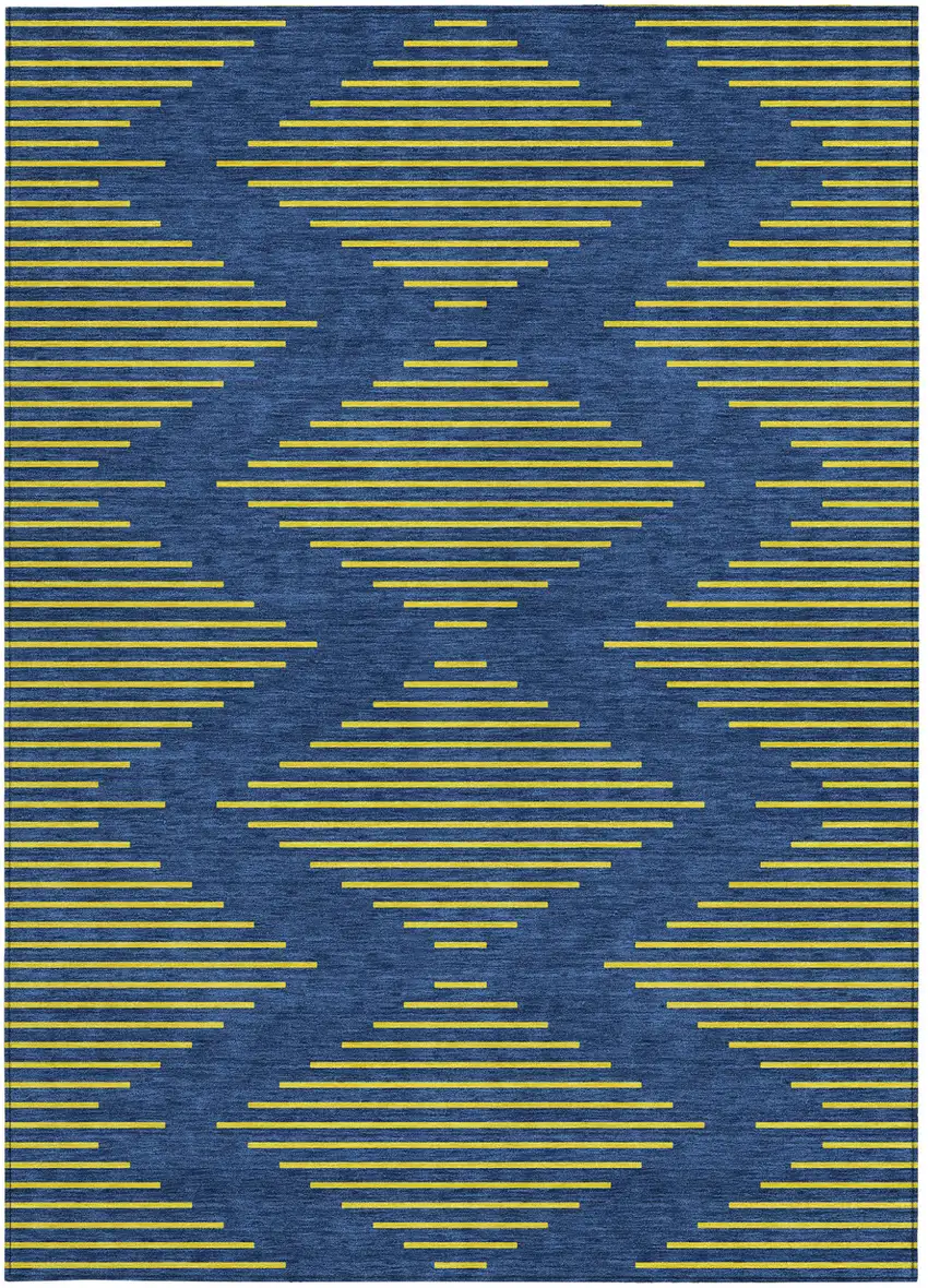 Navy Blue And Yellow Geometric Washable Indoor Outdoor Area Rug Photo 6