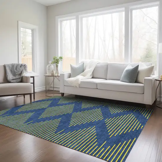 Navy Blue And Yellow Geometric Washable Indoor Outdoor Area Rug Photo 9
