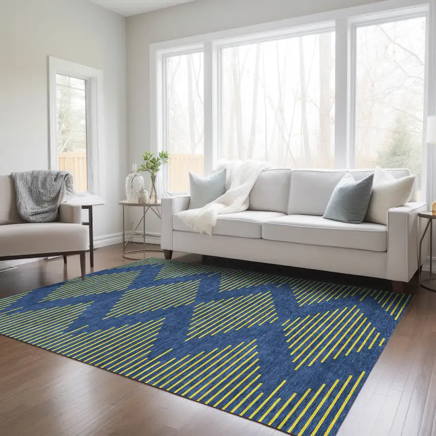 Navy Blue And Yellow Geometric Washable Indoor Outdoor Area Rug Photo 9