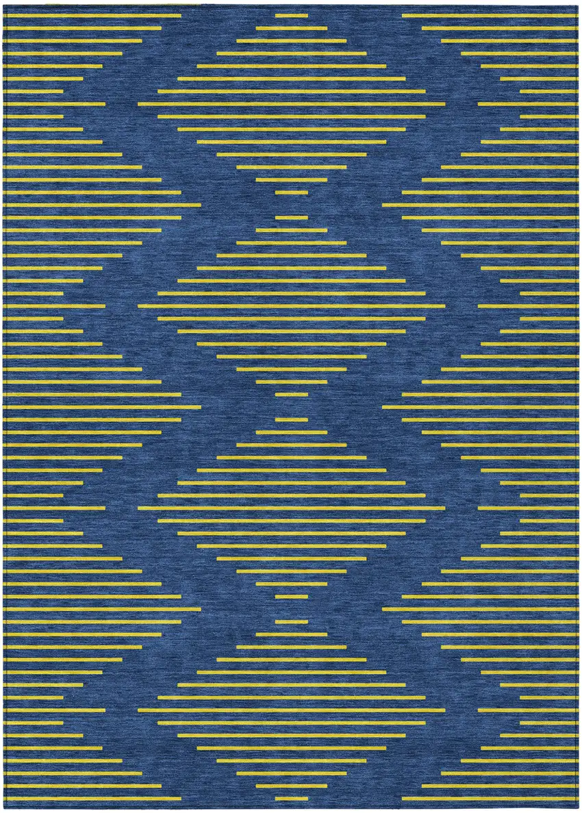 Navy Blue And Yellow Geometric Washable Indoor Outdoor Area Rug Photo 2