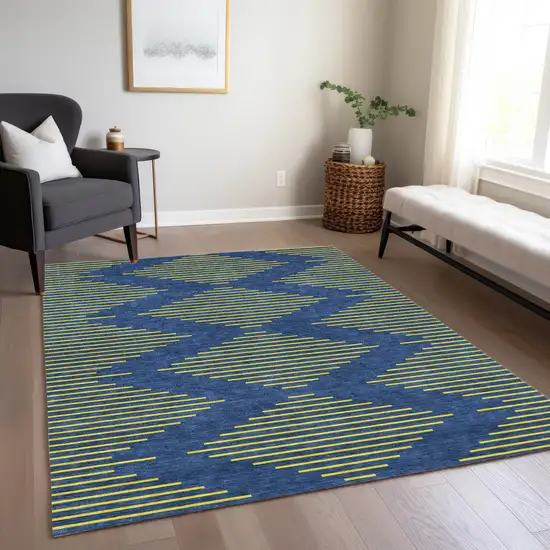 Navy Blue And Yellow Geometric Washable Indoor Outdoor Area Rug Photo 8