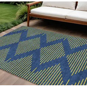 Photo of Navy Blue And Yellow Geometric Washable Indoor Outdoor Area Rug