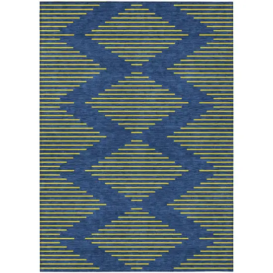 Navy Blue And Yellow Geometric Washable Indoor Outdoor Area Rug Photo 2