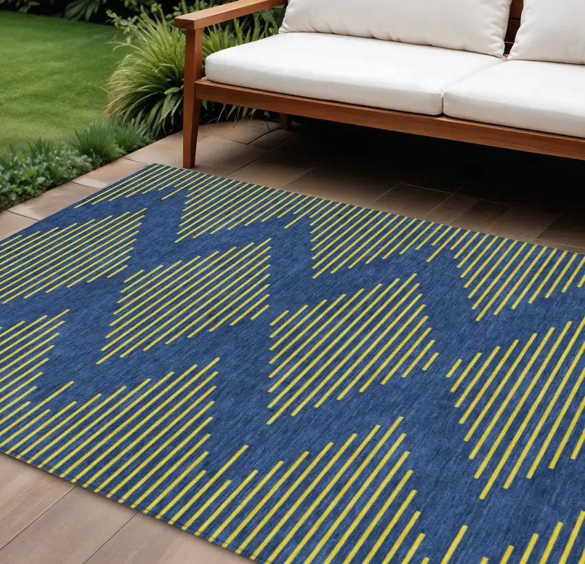 Navy Blue And Yellow Geometric Washable Indoor Outdoor Area Rug Photo 1