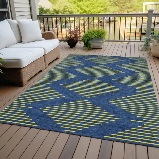 Navy Blue And Yellow Geometric Washable Indoor Outdoor Area Rug Photo 8