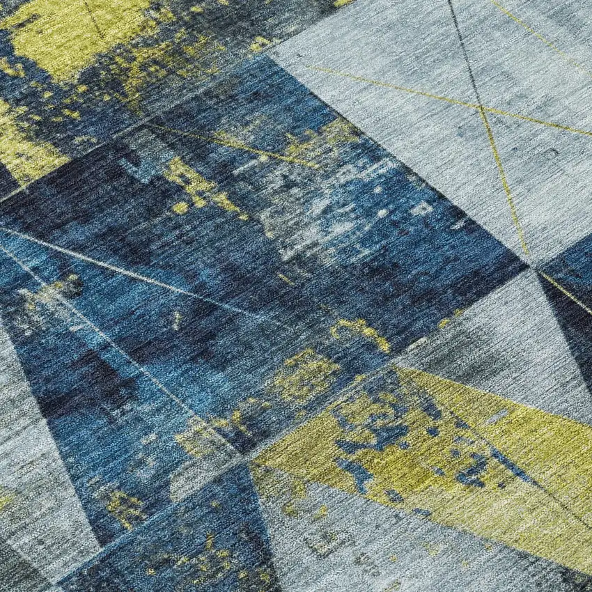 Navy Blue And Yellow Geometric Washable Indoor Outdoor Area Rug Photo 6