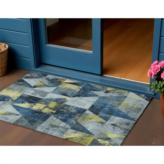 Navy Blue And Yellow Geometric Washable Indoor Outdoor Area Rug Photo 2