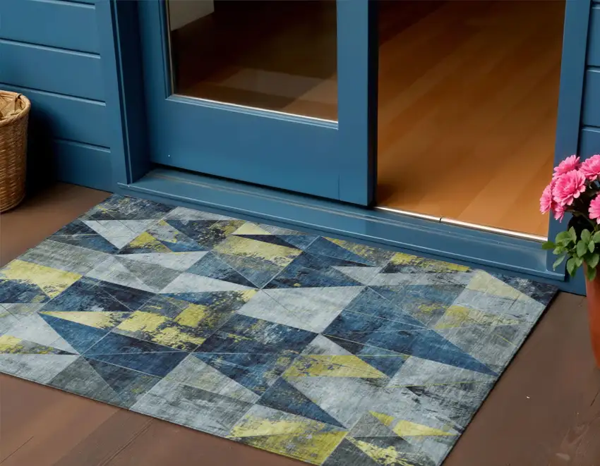 Navy Blue And Yellow Geometric Washable Indoor Outdoor Area Rug Photo 2