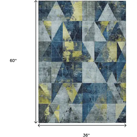 Navy Blue And Yellow Geometric Washable Indoor Outdoor Area Rug Photo 9