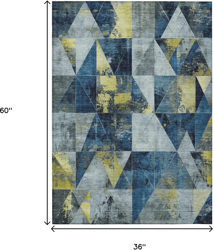 Navy Blue And Yellow Geometric Washable Indoor Outdoor Area Rug Photo 9