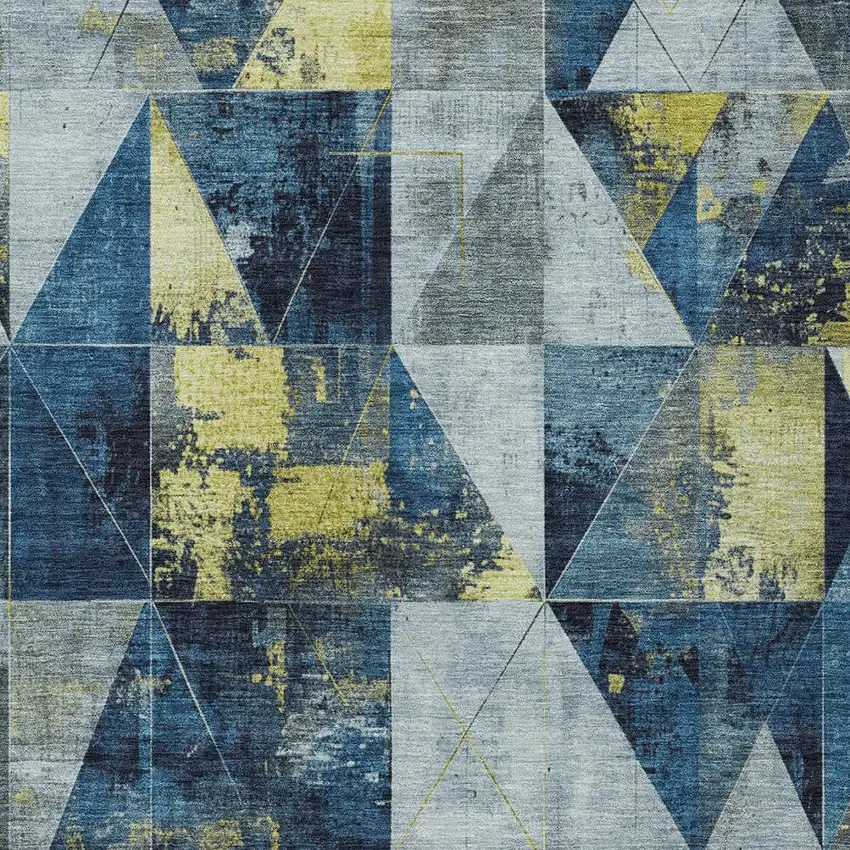 Navy Blue And Yellow Geometric Washable Indoor Outdoor Area Rug Photo 7