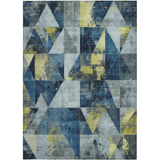 Navy Blue And Yellow Geometric Washable Indoor Outdoor Area Rug Photo 4