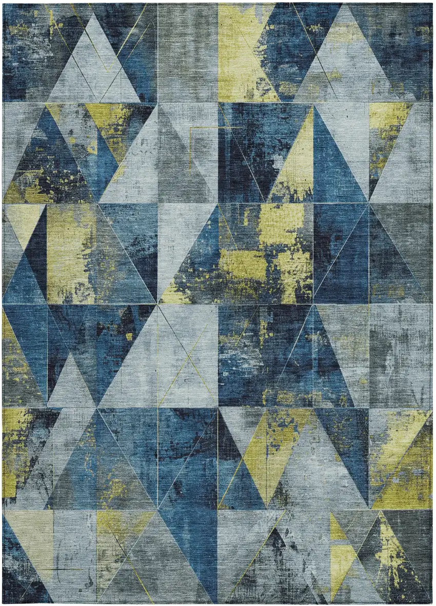 Navy Blue And Yellow Geometric Washable Indoor Outdoor Area Rug Photo 4