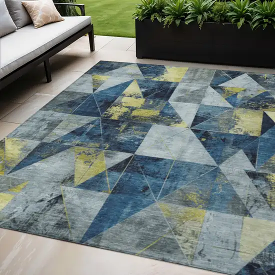 Navy Blue And Yellow Geometric Washable Indoor Outdoor Area Rug Photo 2