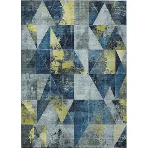 Photo of Navy Blue And Yellow Geometric Washable Indoor Outdoor Area Rug