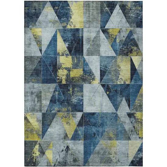 Navy Blue And Yellow Geometric Washable Indoor Outdoor Area Rug Photo 1