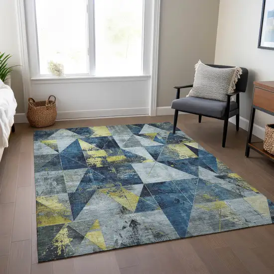 Navy Blue And Yellow Geometric Washable Indoor Outdoor Area Rug Photo 7