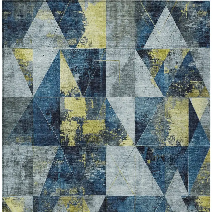 Navy Blue And Yellow Geometric Washable Indoor Outdoor Area Rug Photo 7