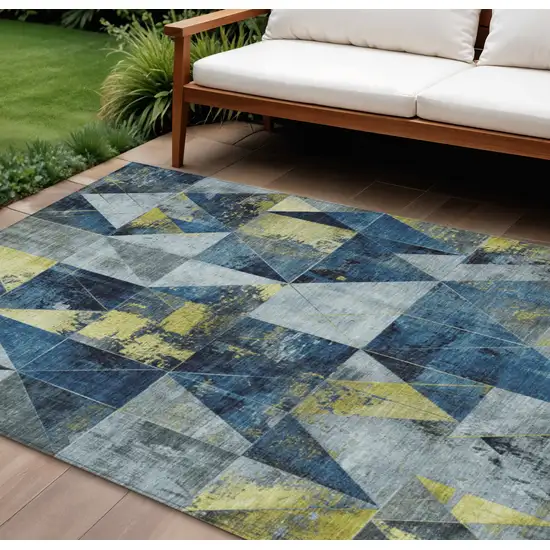 Navy Blue And Yellow Geometric Washable Indoor Outdoor Area Rug Photo 2