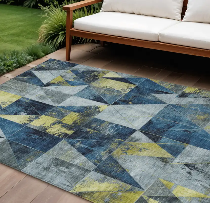 Navy Blue And Yellow Geometric Washable Indoor Outdoor Area Rug Photo 2