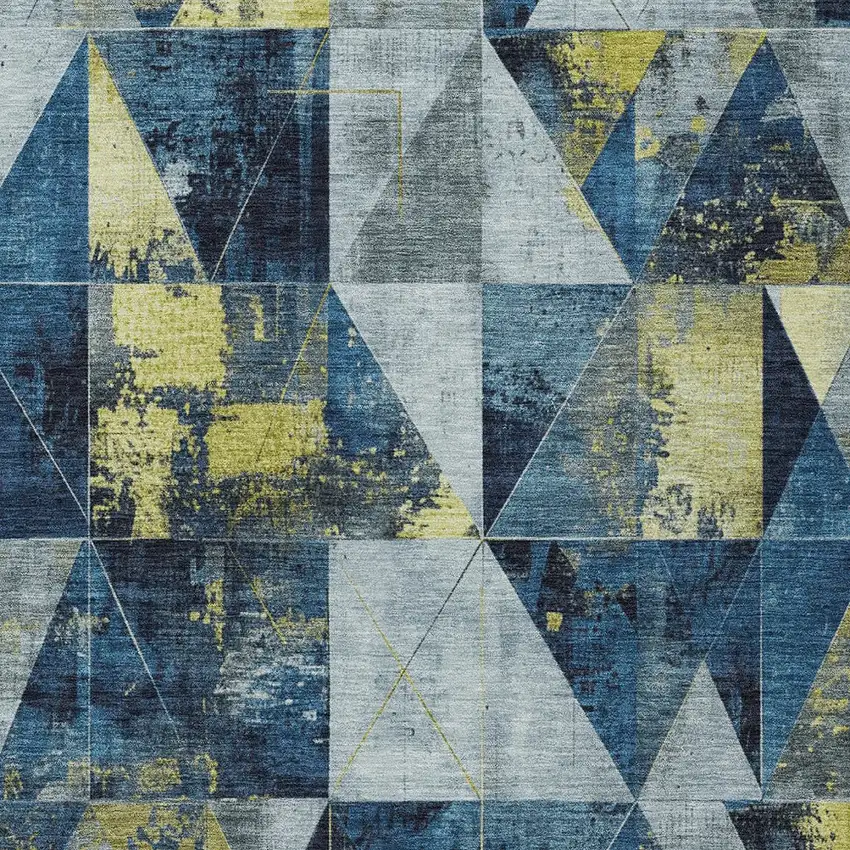 Navy Blue And Yellow Geometric Washable Indoor Outdoor Area Rug Photo 9