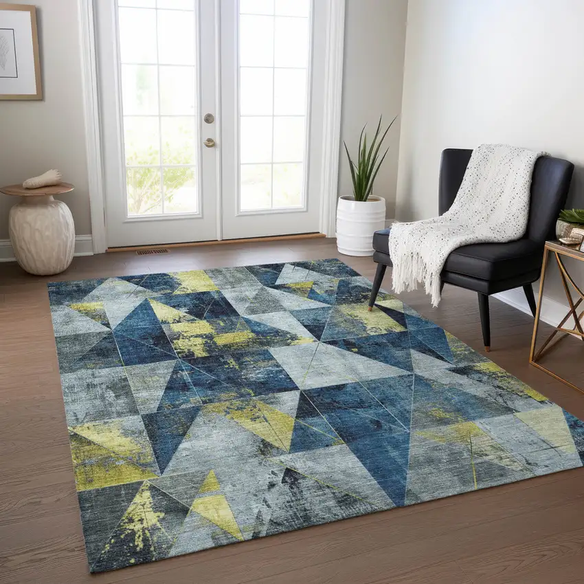 Navy Blue And Yellow Geometric Washable Indoor Outdoor Area Rug Photo 6