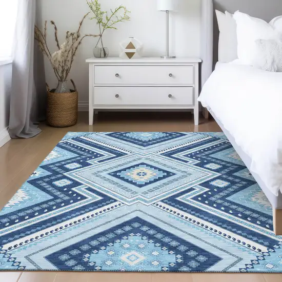 Navy Blue Aqua And Ivory Tribal Washable Indoor Outdoor Area Rug Photo 9