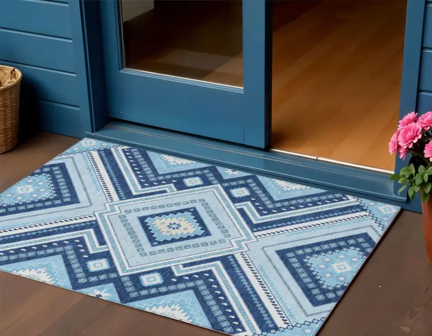 Navy Blue Aqua And Ivory Tribal Washable Indoor Outdoor Area Rug Photo 1
