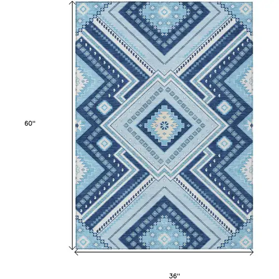Navy Blue Aqua And Ivory Tribal Washable Indoor Outdoor Area Rug Photo 3