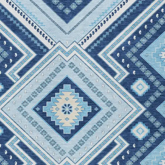 Navy Blue Aqua And Ivory Tribal Washable Indoor Outdoor Area Rug Photo 5