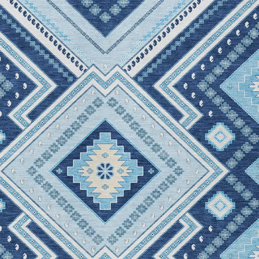 Navy Blue Aqua And Ivory Tribal Washable Indoor Outdoor Area Rug Photo 5