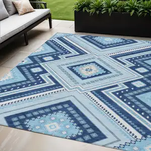 Photo of Navy Blue Aqua And Ivory Tribal Washable Indoor Outdoor Area Rug