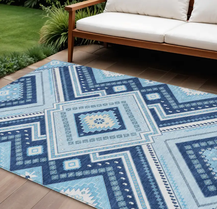 Navy Blue Aqua And Ivory Tribal Washable Indoor Outdoor Area Rug Photo 1