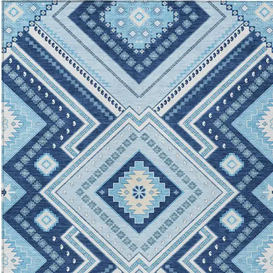 Navy Blue Aqua And Ivory Tribal Washable Indoor Outdoor Area Rug Photo 7