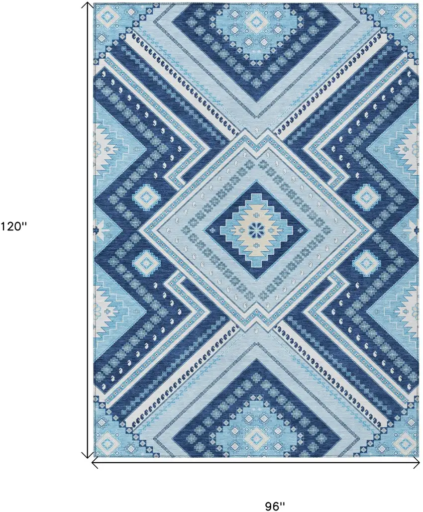 Navy Blue Aqua And Ivory Tribal Washable Indoor Outdoor Area Rug Photo 3
