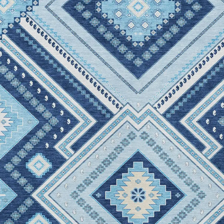 Navy Blue Aqua And Ivory Tribal Washable Indoor Outdoor Area Rug Photo 5