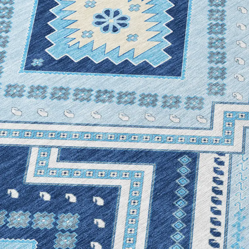 Navy Blue Aqua And Ivory Tribal Washable Indoor Outdoor Area Rug Photo 6