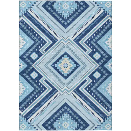 Navy Blue Aqua And Ivory Tribal Washable Indoor Outdoor Area Rug Photo 2