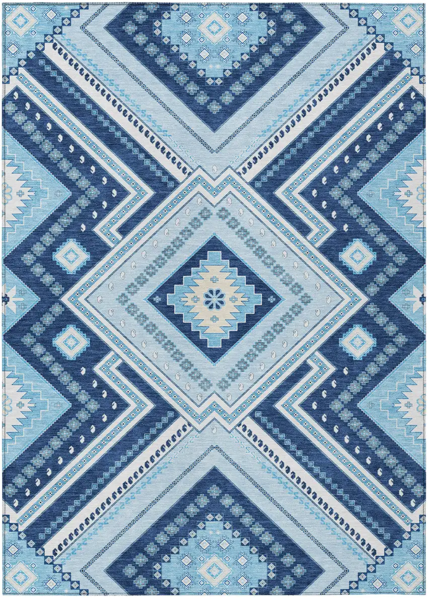Navy Blue Aqua And Ivory Tribal Washable Indoor Outdoor Area Rug Photo 2